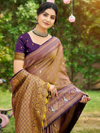 Classic Mocha Brown Floral & Peacock Design Zari Woven Silk Blend Saree With Trendy Tassel Pallu