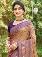 Classic Mocha Brown Floral & Peacock Design Zari Woven Silk Blend Saree With Trendy Tassel Pallu