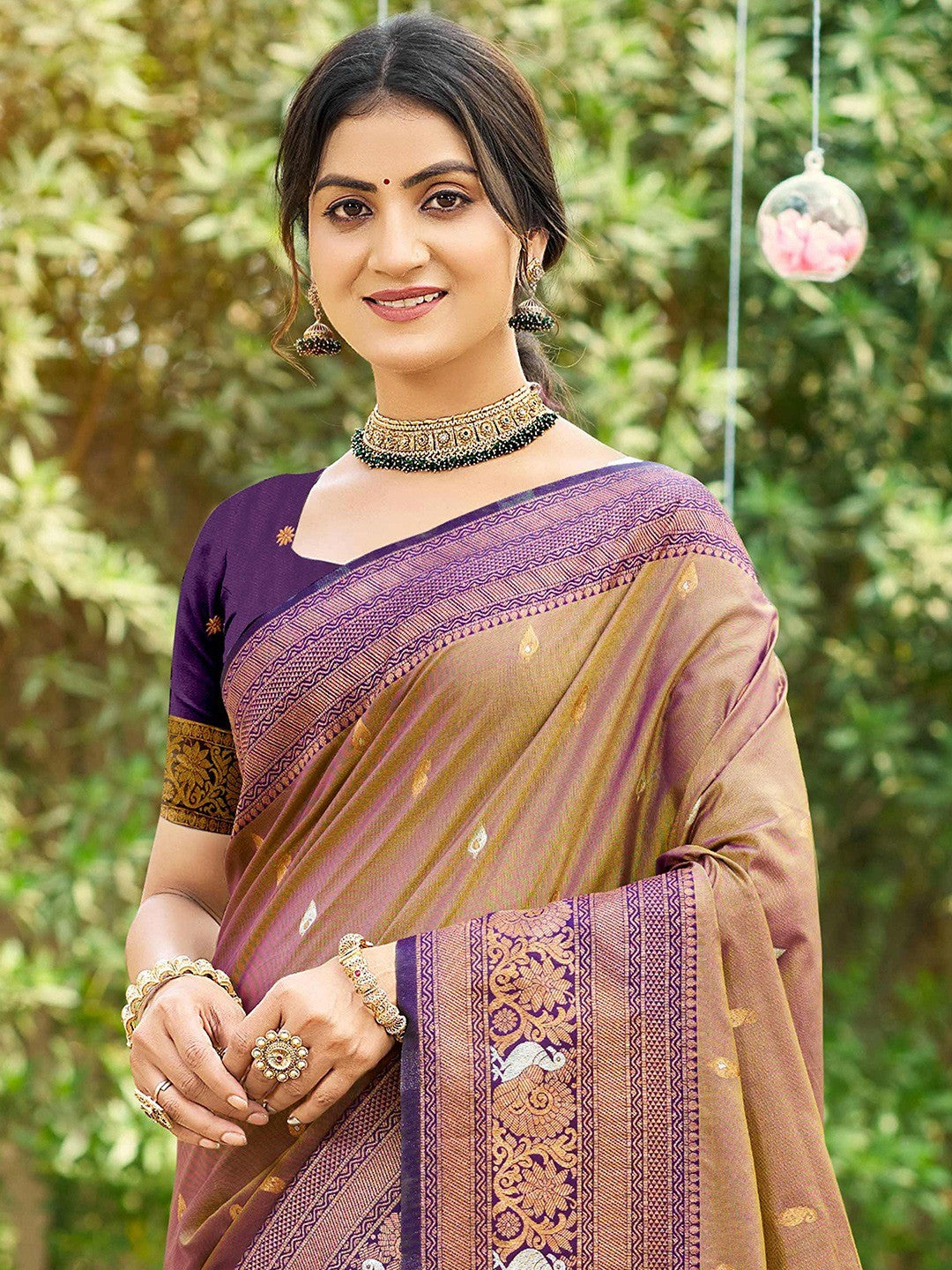 Classic Mocha Brown Floral & Peacock Design Zari Woven Silk Blend Saree With Trendy Tassel Pallu