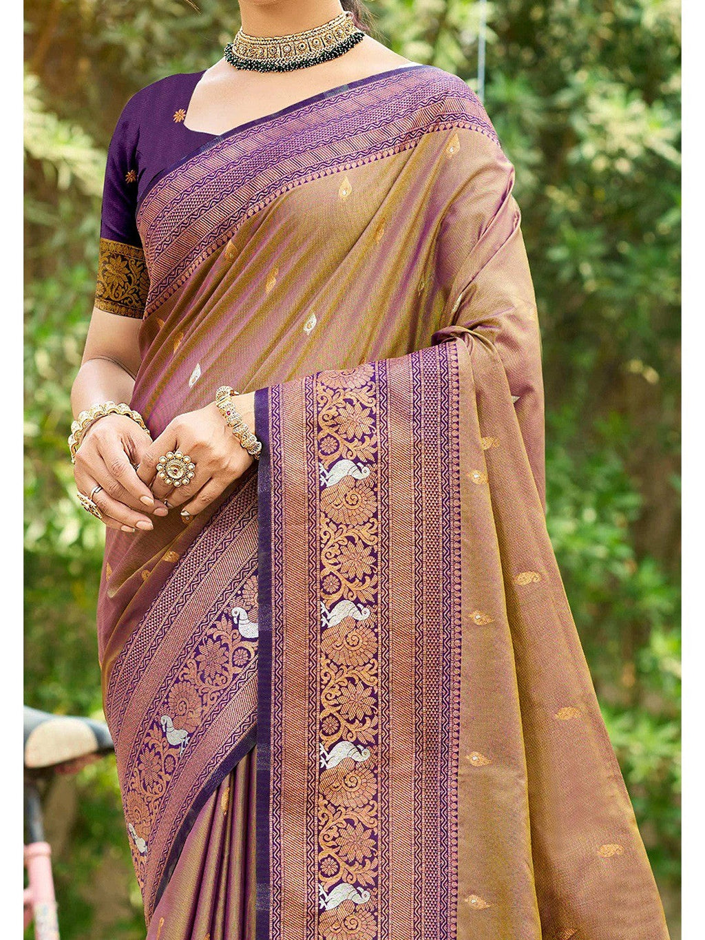 Classic Mocha Brown Floral & Peacock Design Zari Woven Silk Blend Saree With Trendy Tassel Pallu