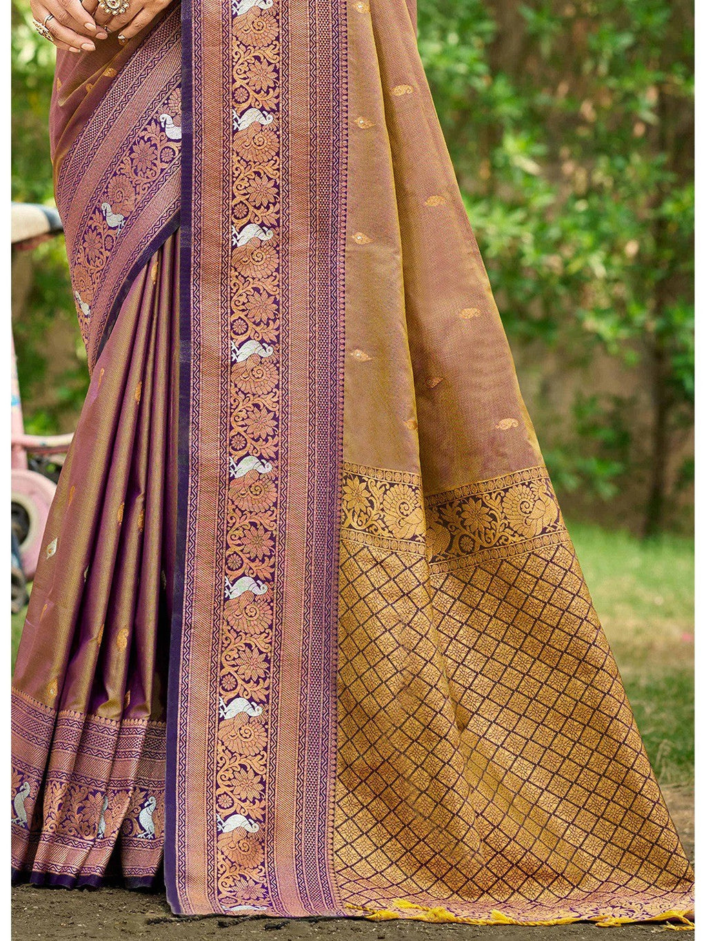 Classic Mocha Brown Floral & Peacock Design Zari Woven Silk Blend Saree With Trendy Tassel Pallu