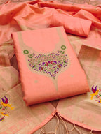 Elegant Peach Banarasi Silk Unstitched Dress Material with Dupatta
