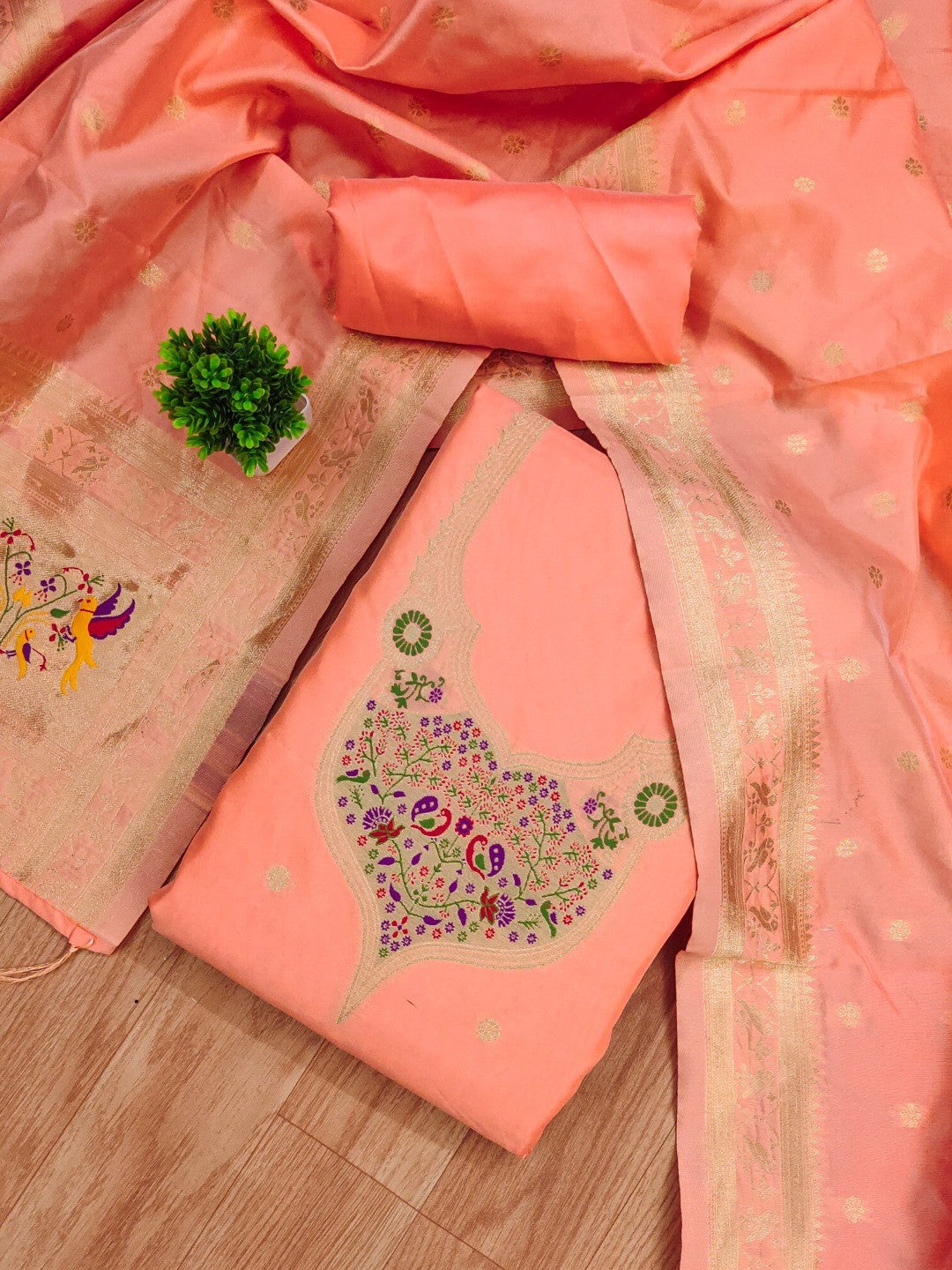 Elegant Peach Banarasi Silk Unstitched Dress Material with Dupatta