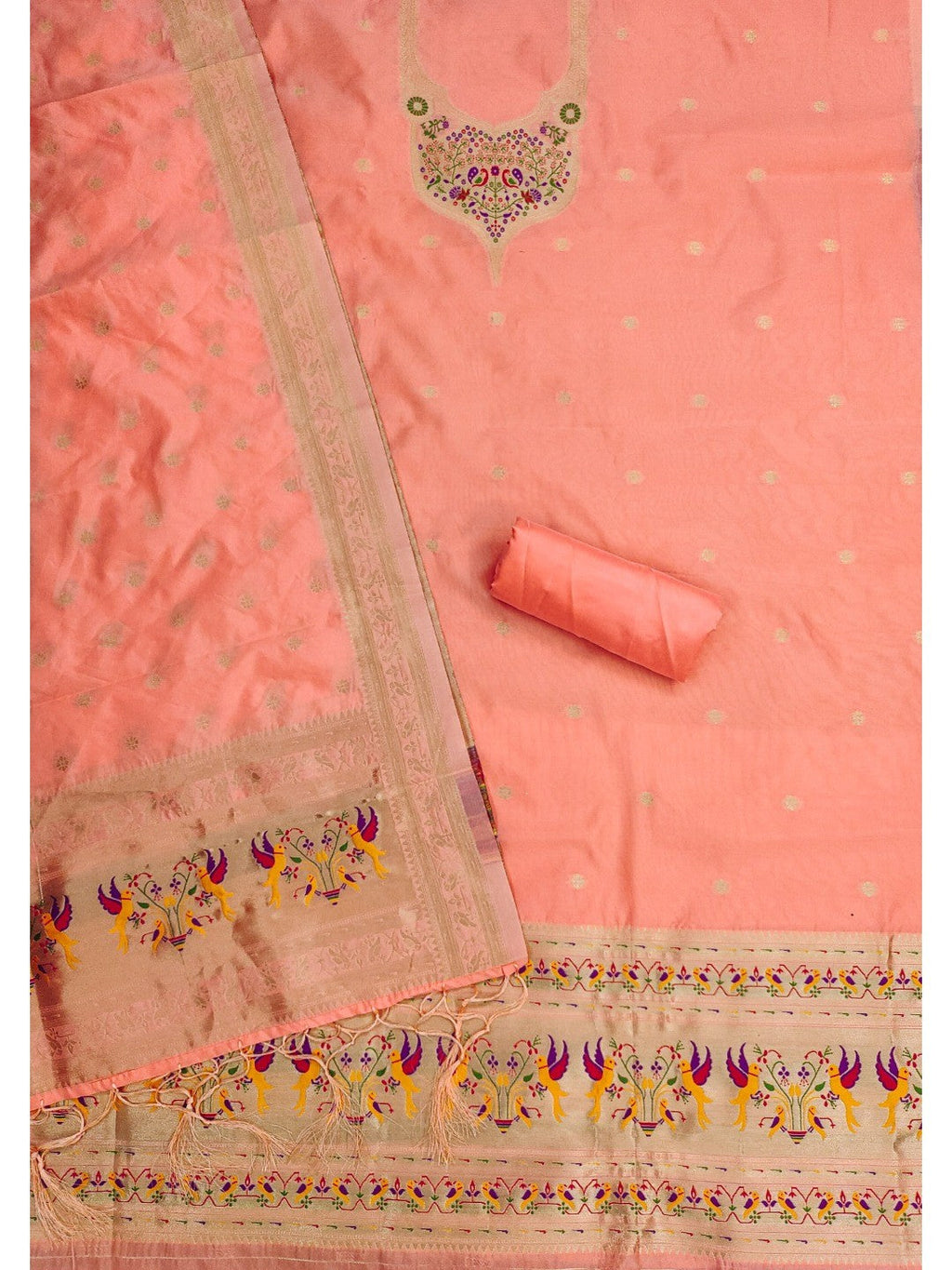 Elegant Peach Banarasi Silk Unstitched Dress Material with Dupatta
