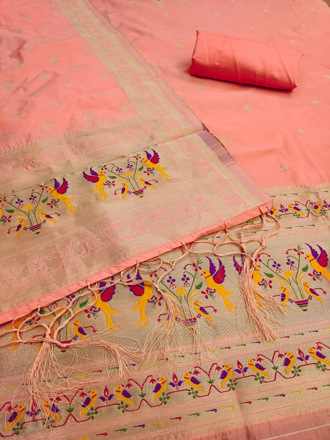 Elegant Peach Banarasi Silk Unstitched Dress Material with Dupatta