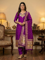 Elegant Purple Banarasi Silk Unstitched Dress Material with Dupatta