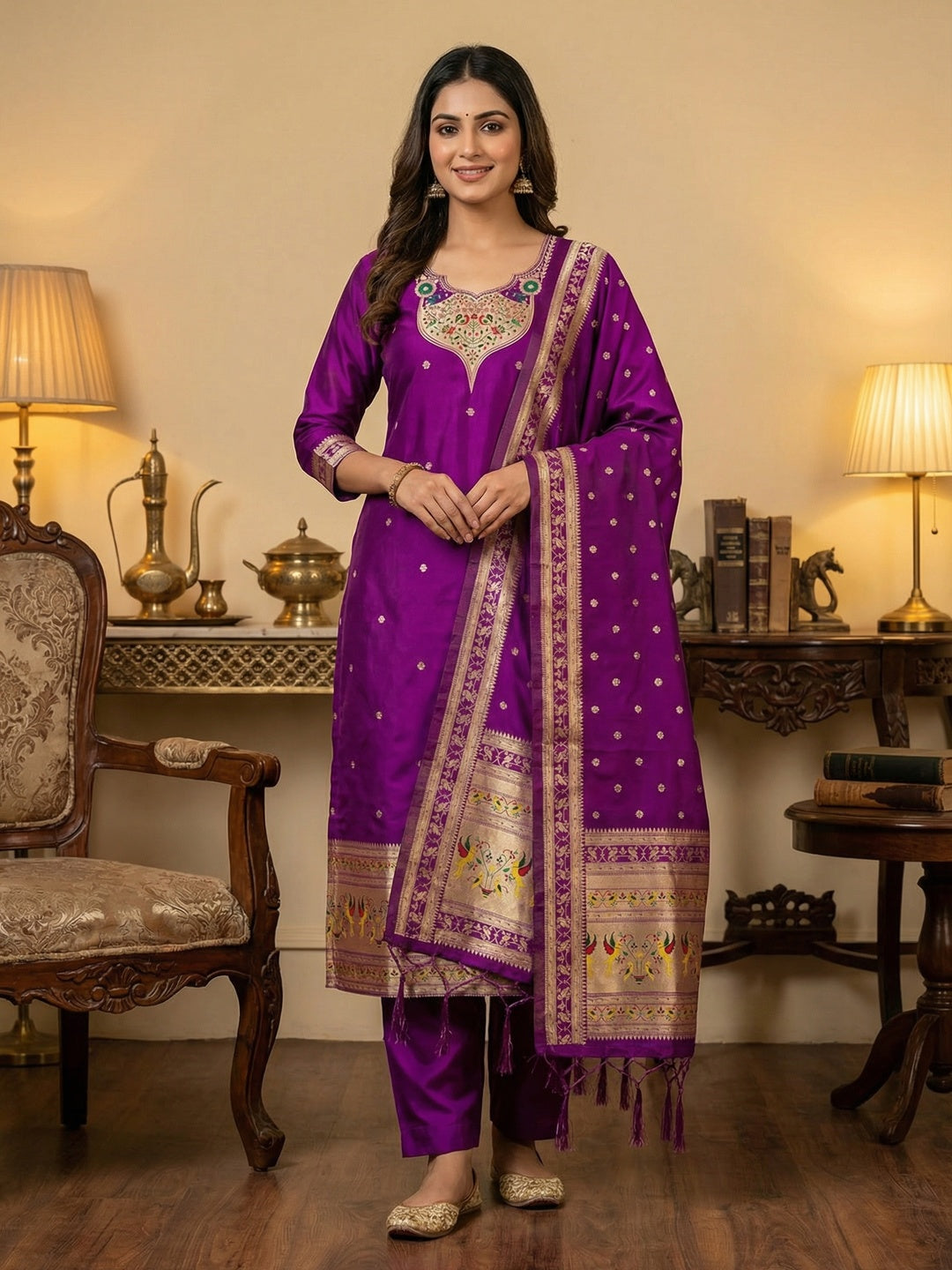 Elegant Purple Banarasi Silk Unstitched Dress Material with Dupatta