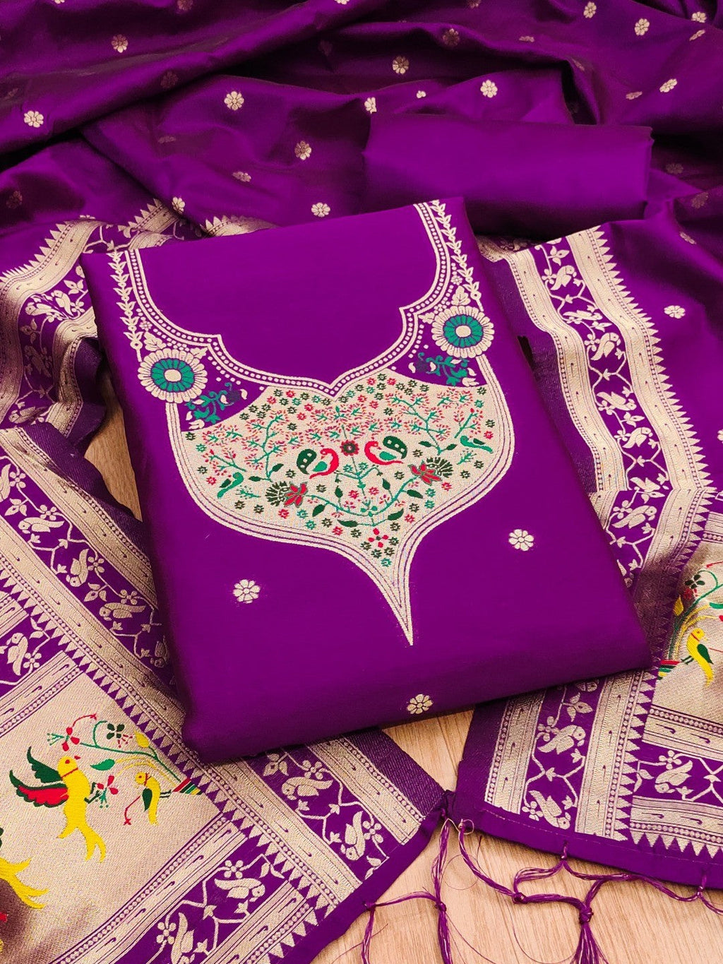 Elegant Purple Banarasi Silk Unstitched Dress Material with Dupatta