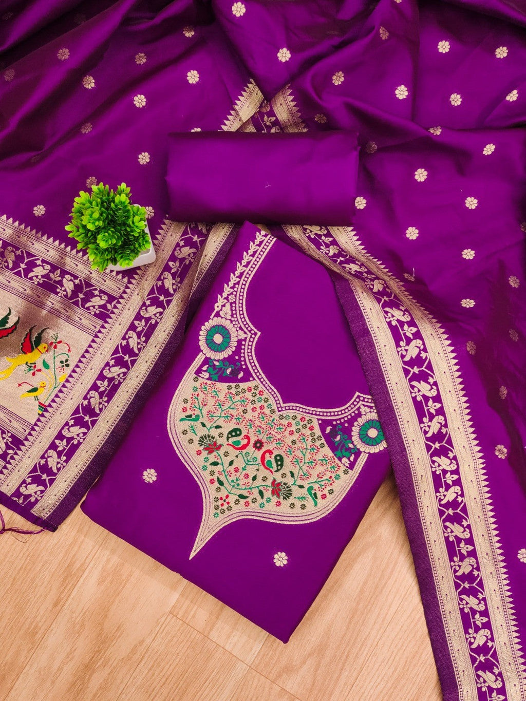 Elegant Purple Banarasi Silk Unstitched Dress Material with Dupatta