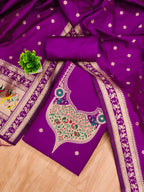 Elegant Purple Banarasi Silk Unstitched Dress Material with Dupatta