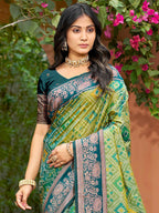 Timeless Teal Green Geometric & Floral Design Weaving Silk Blend Saree With Stylish Tassels Pallu