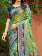 Timeless Teal Green Geometric & Floral Design Weaving Silk Blend Saree With Stylish Tassels Pallu