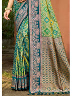 Timeless Teal Green Geometric & Floral Design Weaving Silk Blend Saree With Stylish Tassels Pallu