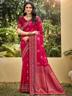 Classic Pink Floral Zari Weaving Silk Blend Saree With Fine Weaving Detailing