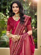 Classic Pink Floral Zari Weaving Silk Blend Saree With Fine Weaving Detailing