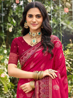 Classic Pink Floral Zari Weaving Silk Blend Saree With Fine Weaving Detailing