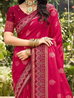 Classic Pink Floral Zari Weaving Silk Blend Saree With Fine Weaving Detailing