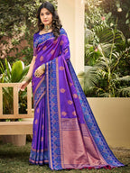 Classic Violet Floral Zari Weaving Silk Blend Saree With Fine Weaving Detailing