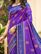 Classic Violet Floral Zari Weaving Silk Blend Saree With Fine Weaving Detailing