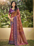 Classic Wine Floral Zari Weaving Silk Blend Saree With Fine Weaving Detailing