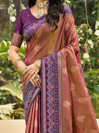Classic Wine Floral Zari Weaving Silk Blend Saree With Fine Weaving Detailing