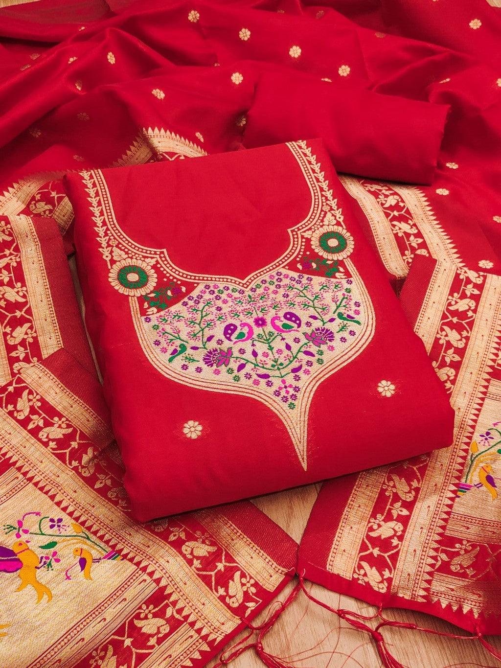 Elegant Red Banarasi Silk Unstitched Dress Material with Dupatta