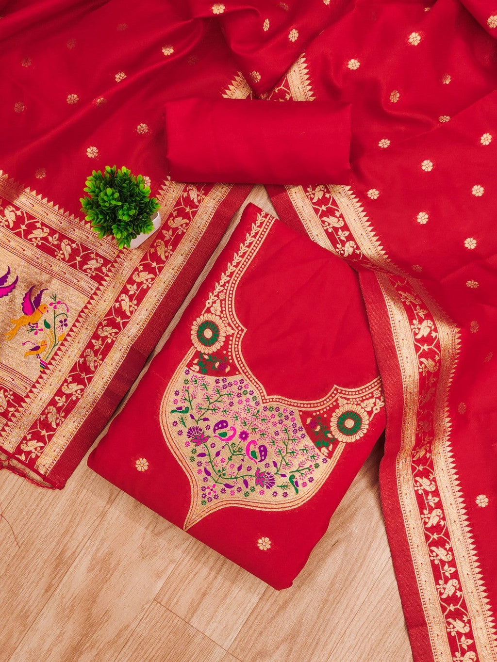 Elegant Red Banarasi Silk Unstitched Dress Material with Dupatta