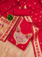 Elegant Red Banarasi Silk Unstitched Dress Material with Dupatta