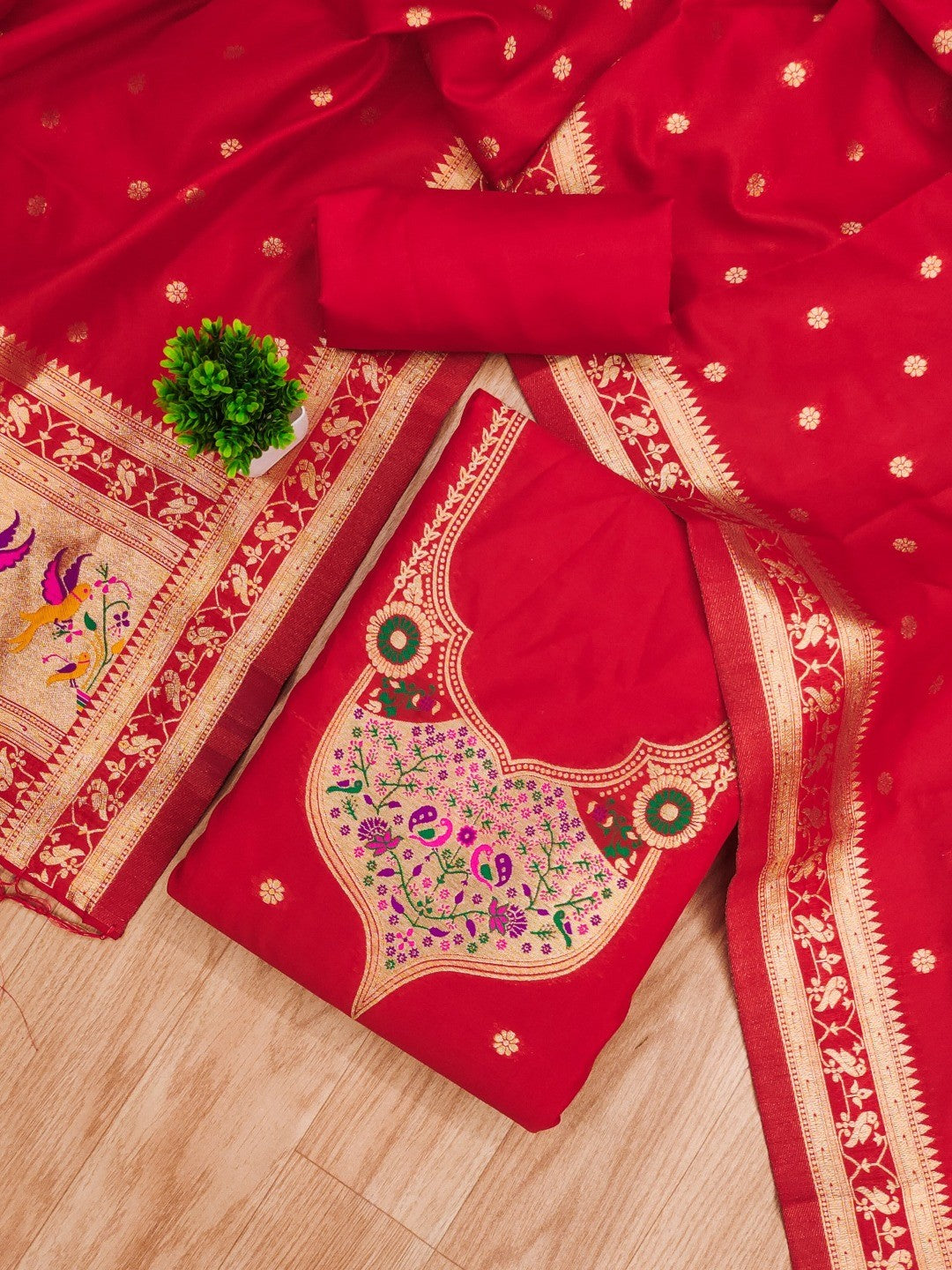 Elegant Red Banarasi Silk Unstitched Dress Material with Dupatta