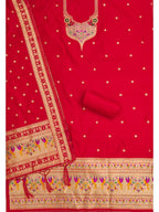 Elegant Red Banarasi Silk Unstitched Dress Material with Dupatta