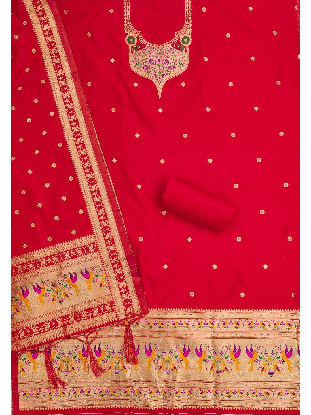 Elegant Red Banarasi Silk Unstitched Dress Material with Dupatta