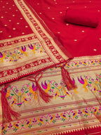 Elegant Red Banarasi Silk Unstitched Dress Material with Dupatta
