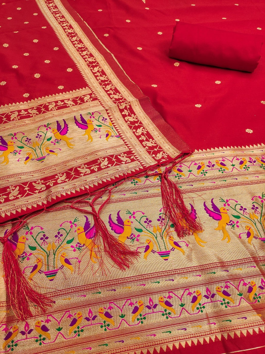 Elegant Red Banarasi Silk Unstitched Dress Material with Dupatta