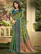 Classic Green Floral Zari Weaving Silk Blend Saree With Fine Weaving Detailing