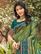 Classic Green Floral Zari Weaving Silk Blend Saree With Fine Weaving Detailing