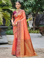 Timeless Peach Floral Zari Work Silk Blend Saree With Designer Tassels Pallu