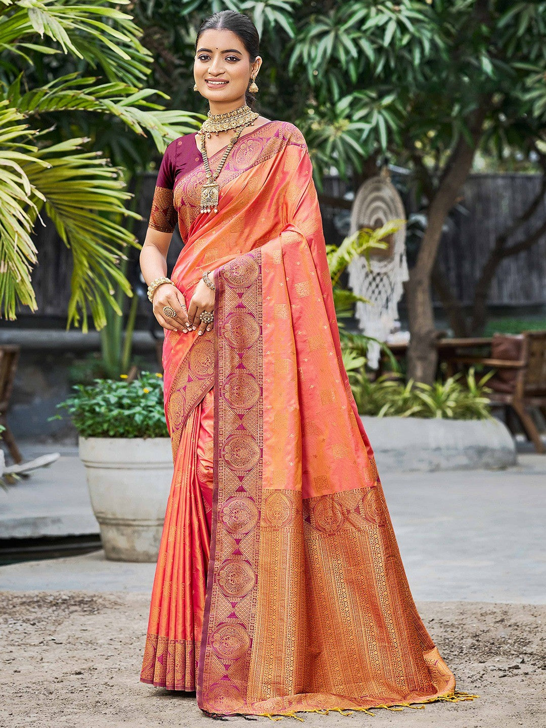 Timeless Peach Floral Zari Work Silk Blend Saree With Designer Tassels Pallu