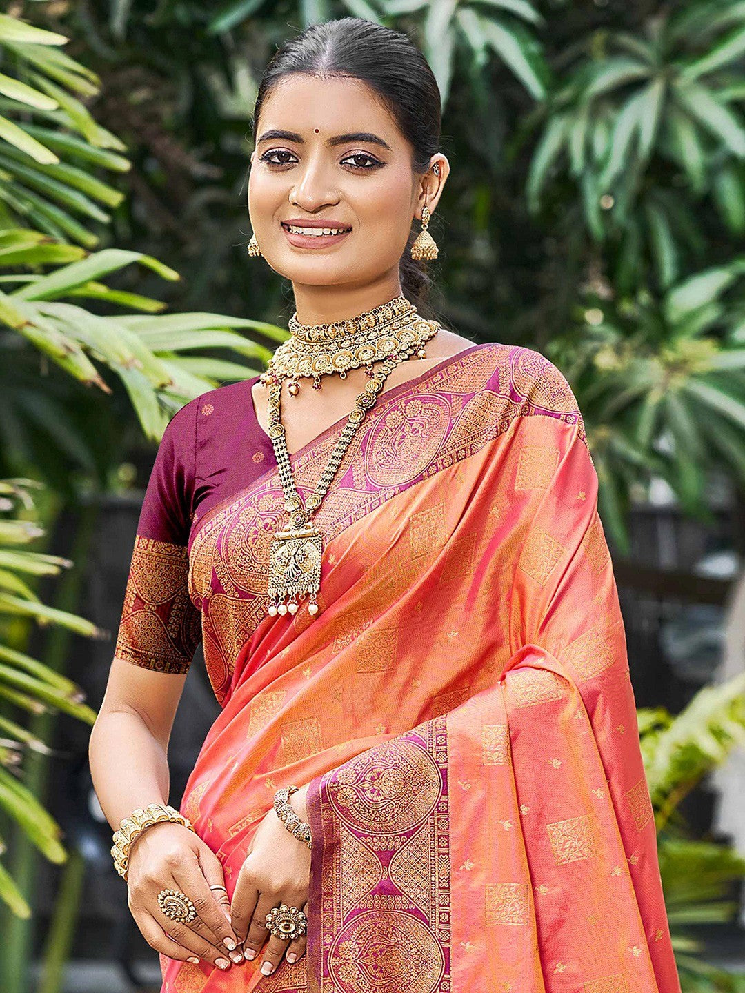 Timeless Peach Floral Zari Work Silk Blend Saree With Designer Tassels Pallu