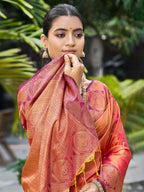Timeless Peach Floral Zari Work Silk Blend Saree With Designer Tassels Pallu