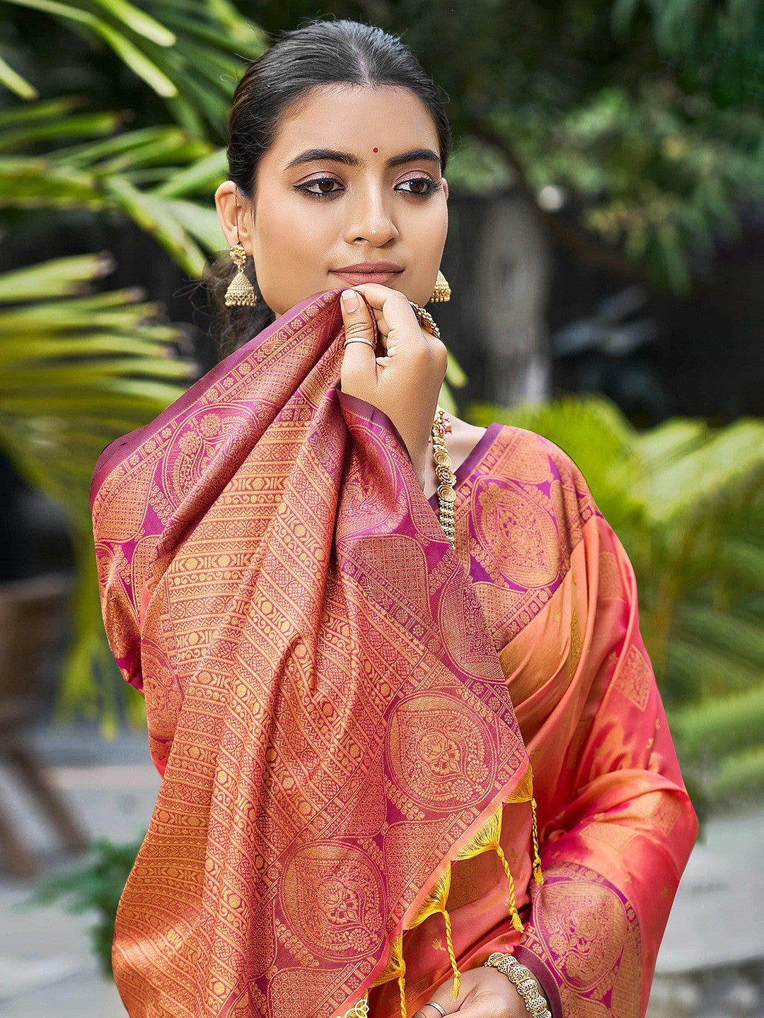 Timeless Peach Floral Zari Work Silk Blend Saree With Designer Tassels Pallu