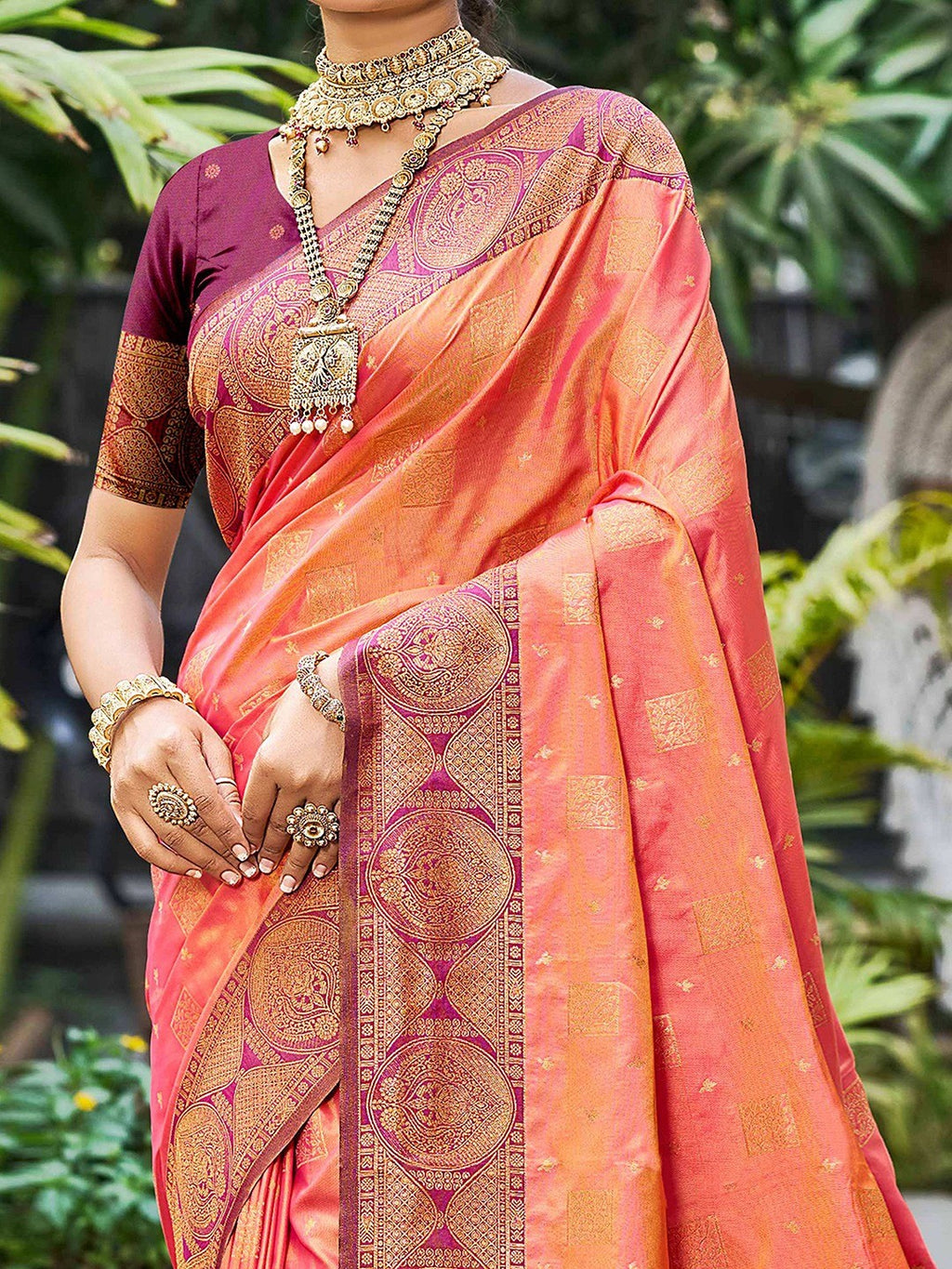 Timeless Peach Floral Zari Work Silk Blend Saree With Designer Tassels Pallu