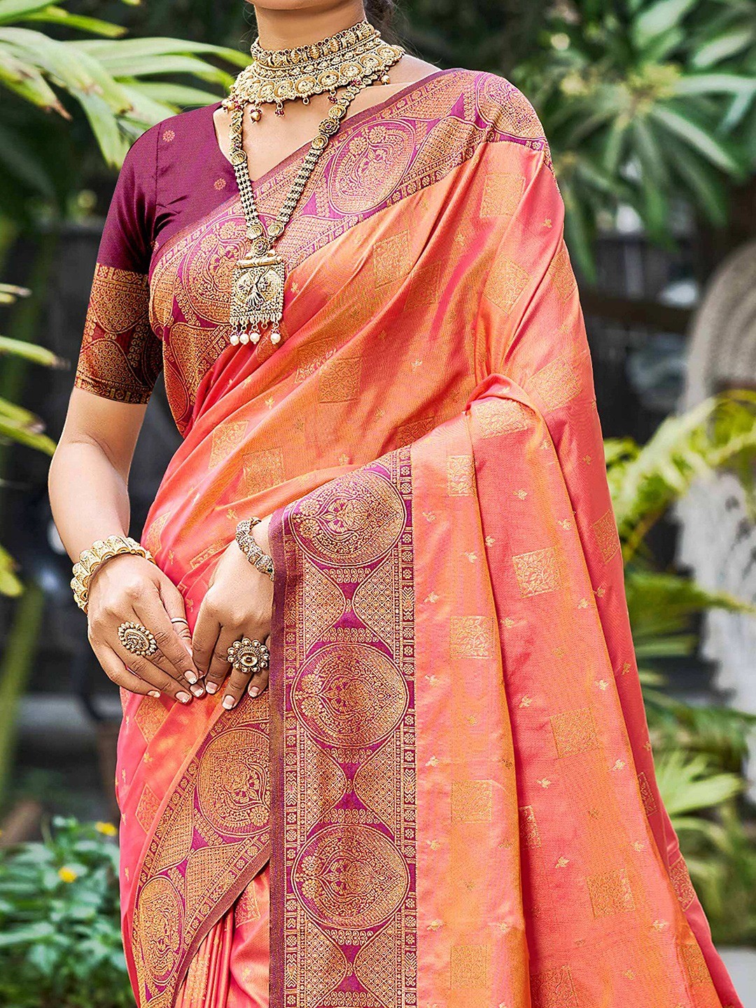 Timeless Peach Floral Zari Work Silk Blend Saree With Designer Tassels Pallu