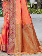 Timeless Peach Floral Zari Work Silk Blend Saree With Designer Tassels Pallu