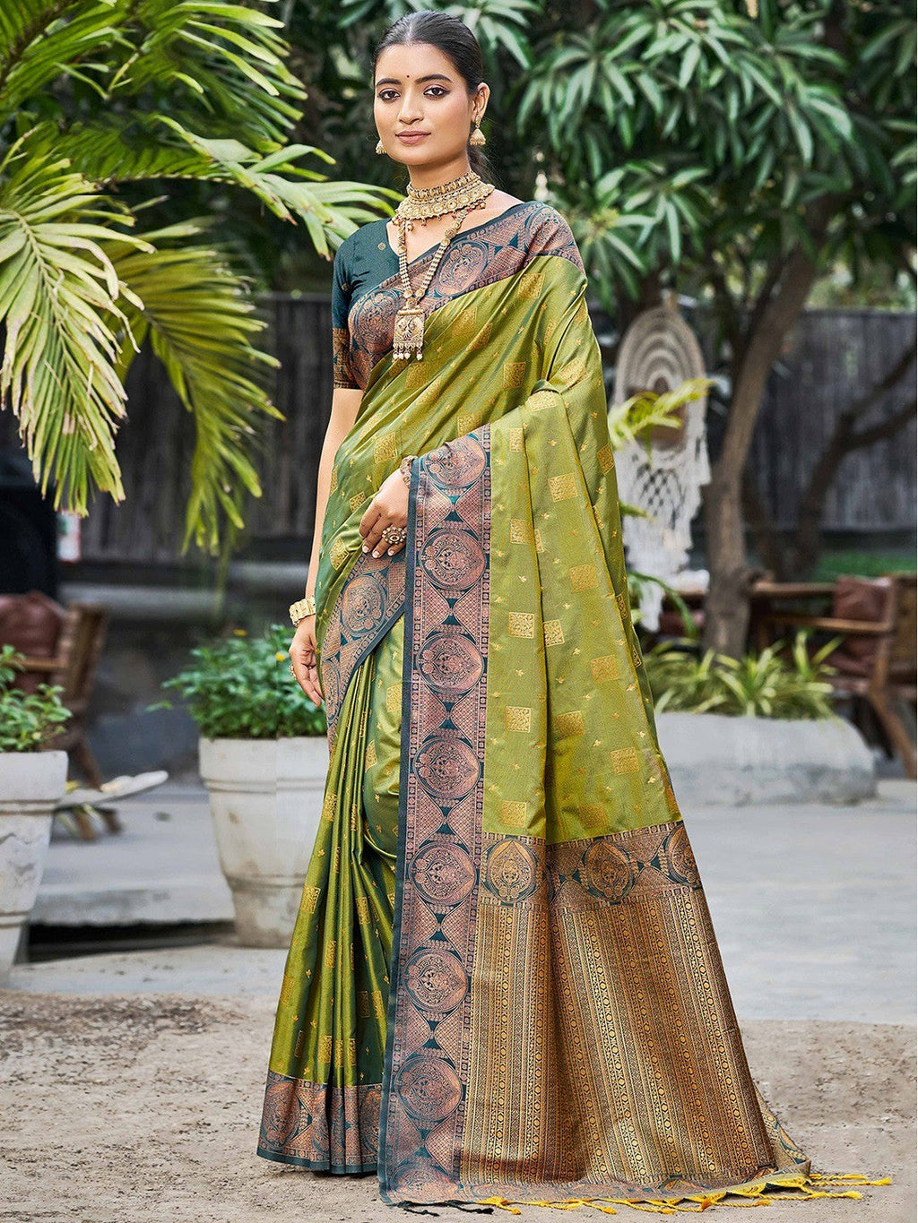 Timeless Mehendi Green Floral Zari Work Silk Blend Saree With Designer Tassels Pallu