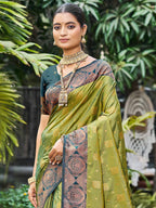 Timeless Mehendi Green Floral Zari Work Silk Blend Saree With Designer Tassels Pallu