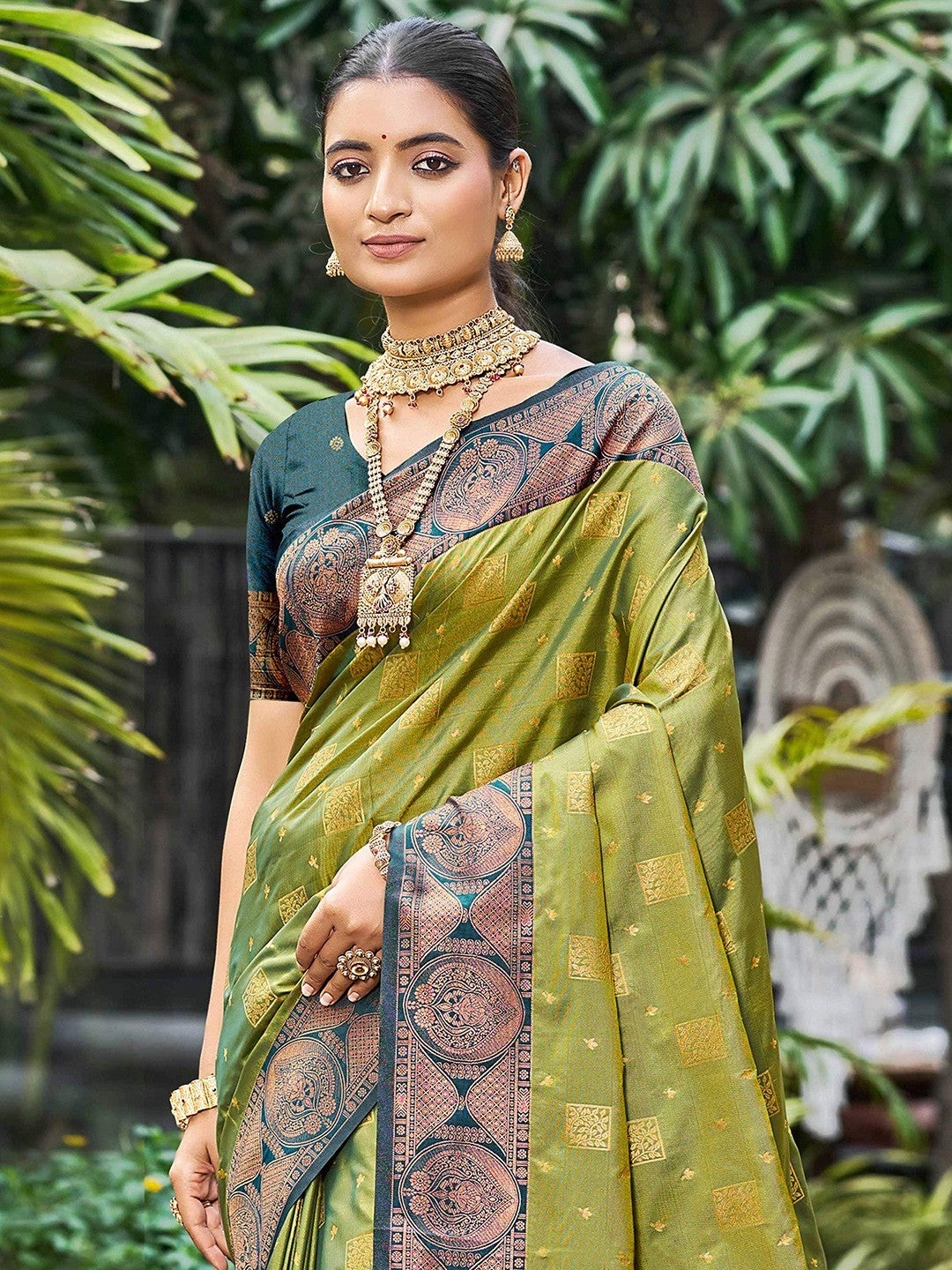 Timeless Mehendi Green Floral Zari Work Silk Blend Saree With Designer Tassels Pallu