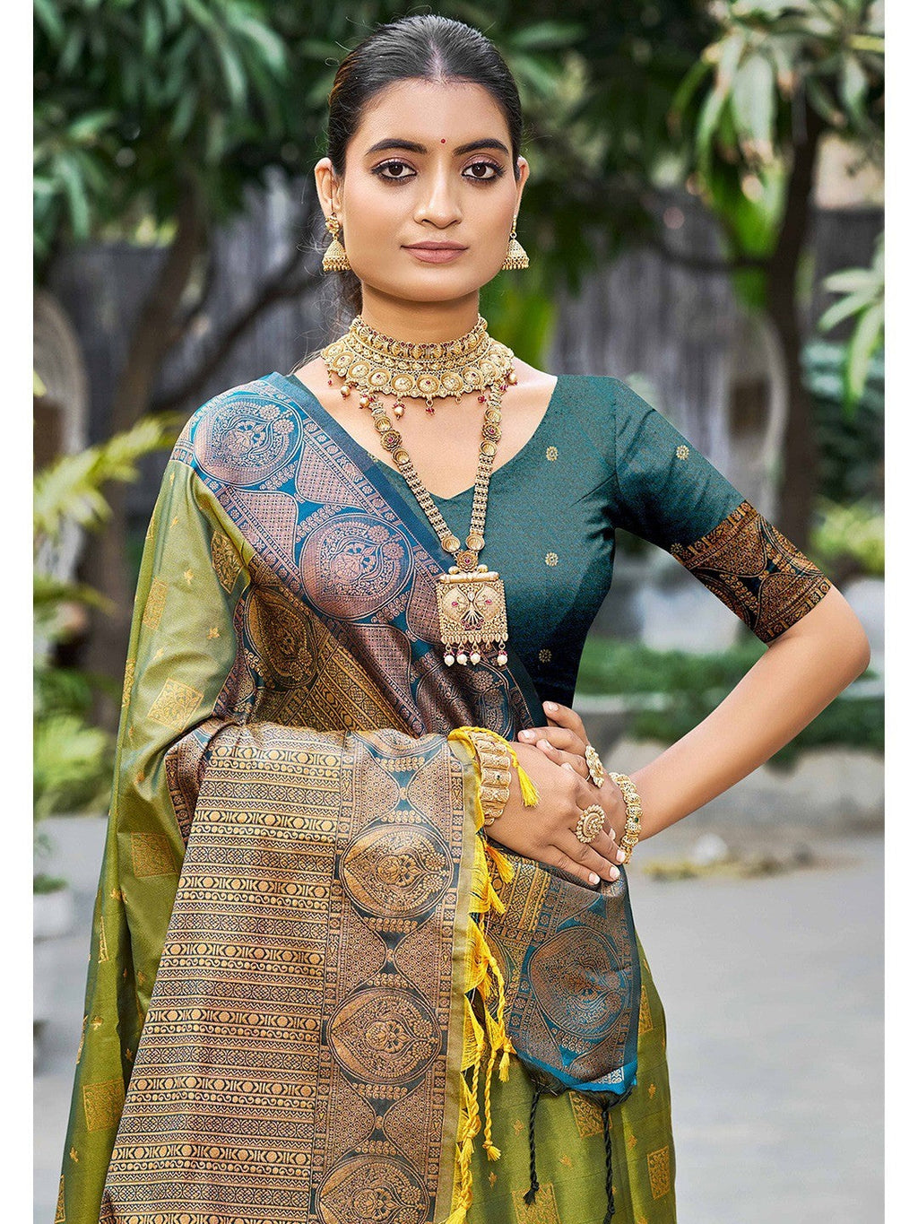 Timeless Mehendi Green Floral Zari Work Silk Blend Saree With Designer Tassels Pallu
