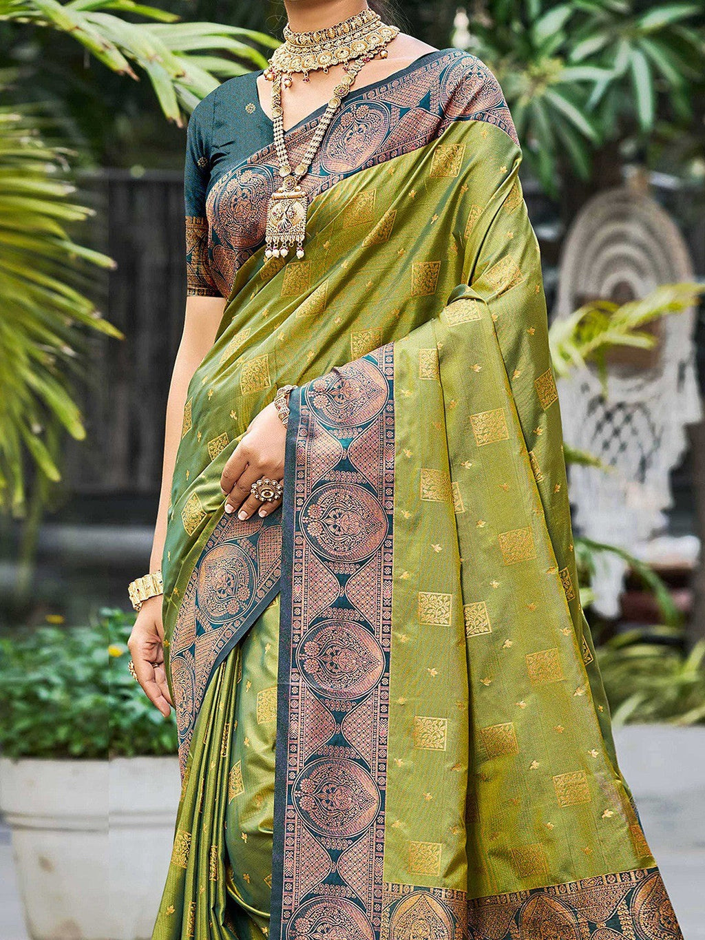 Timeless Mehendi Green Floral Zari Work Silk Blend Saree With Designer Tassels Pallu