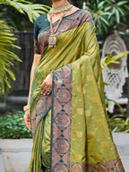 Timeless Mehendi Green Floral Zari Work Silk Blend Saree With Designer Tassels Pallu