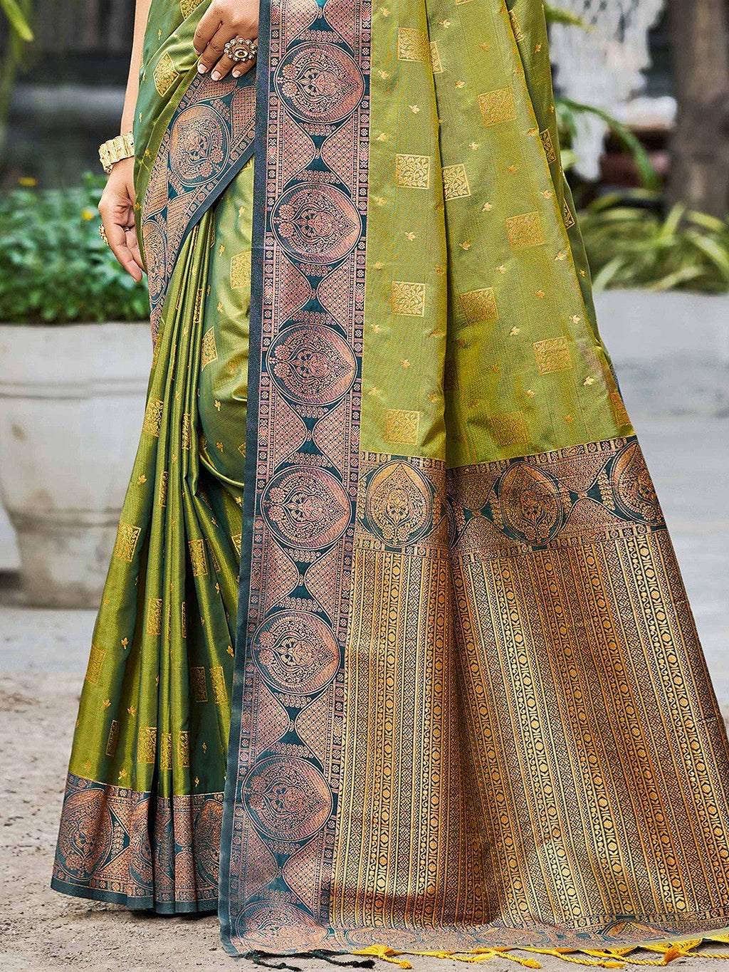 Timeless Mehendi Green Floral Zari Work Silk Blend Saree With Designer Tassels Pallu